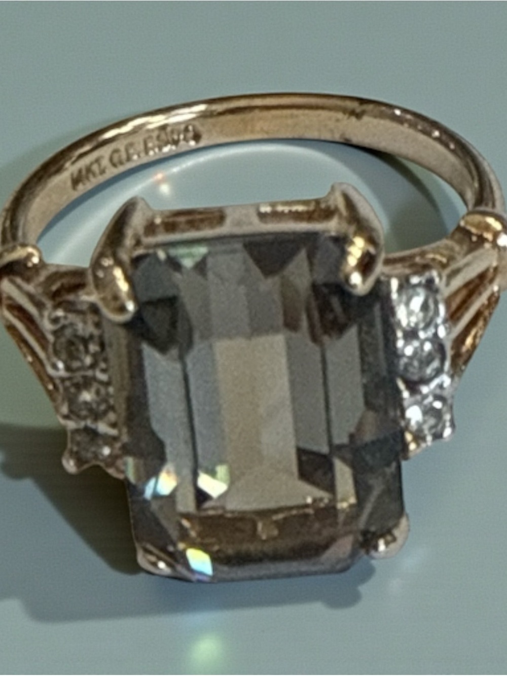 Vintage Cocktail Ring, Emerald Cut Smokey Quartz 7-3/4 signed - Picture 4 of 11